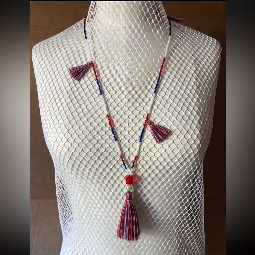 Handmade Multi Tassel Red Blue and White Color Necklace